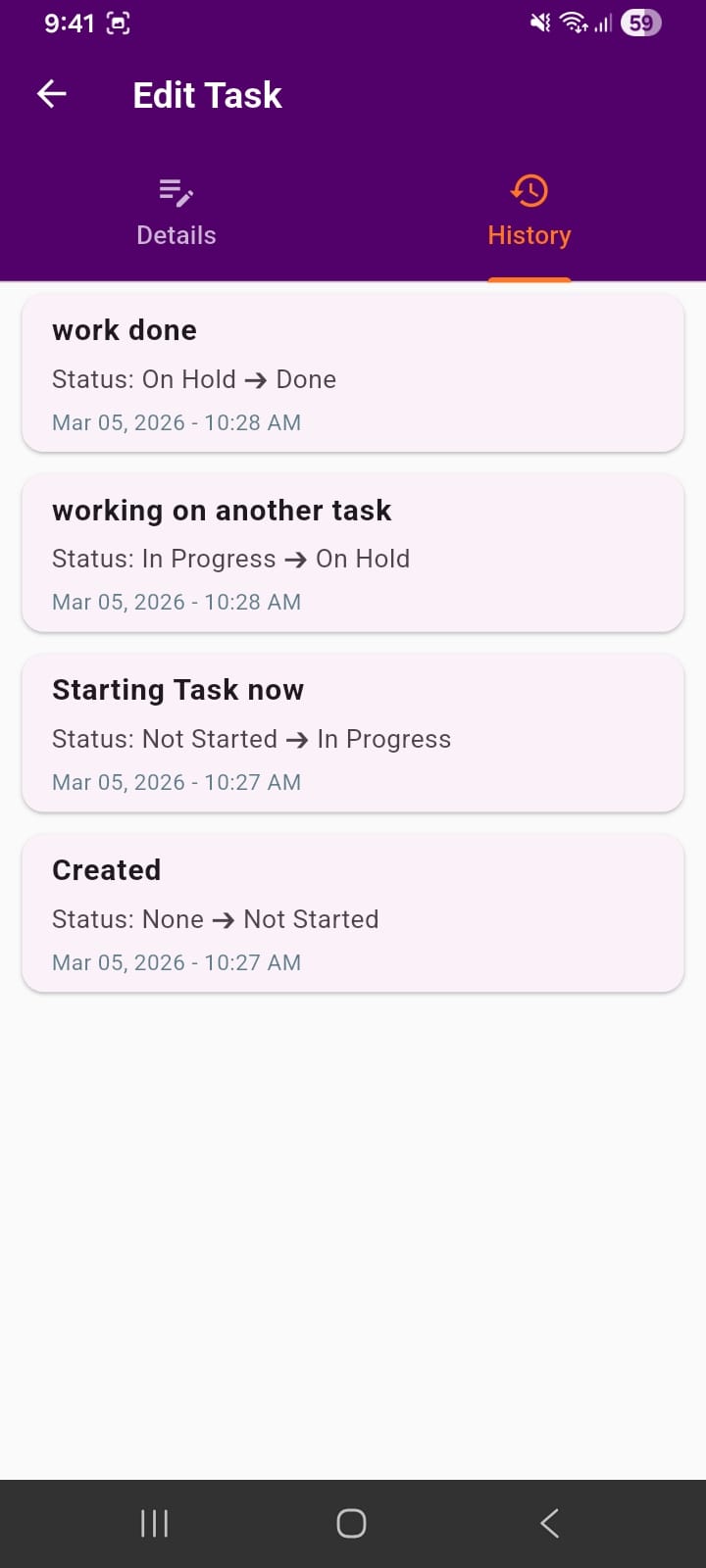 Task History Screen
